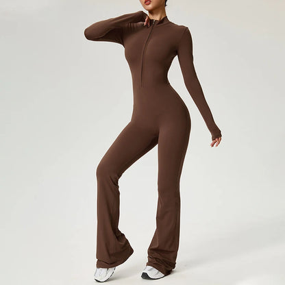 Combinaison fitness femme marron manches longues pantalon évasé fermeture éclair confort

