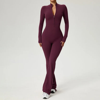 Combinaison fitness femme bordeaux manches longues pantalon évasé fermeture éclair confort