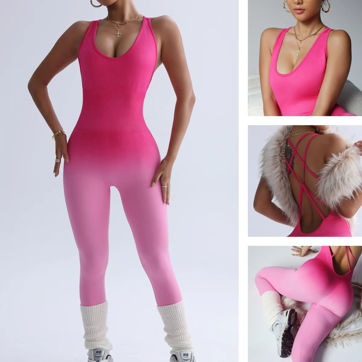 Femme portant combinaison gym rose dos croisé bretelles