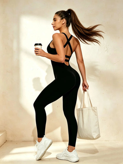 Combinaison leggings noire pour femme, dos croisé et coupe ajustée