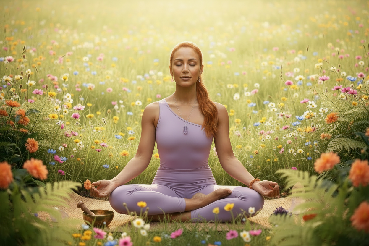 Femme rousse en tenue yoga lavande en posture de méditation lotus dans une prairie ensoleillée — Boutique Yoga Zen Aurenergie FitYoga