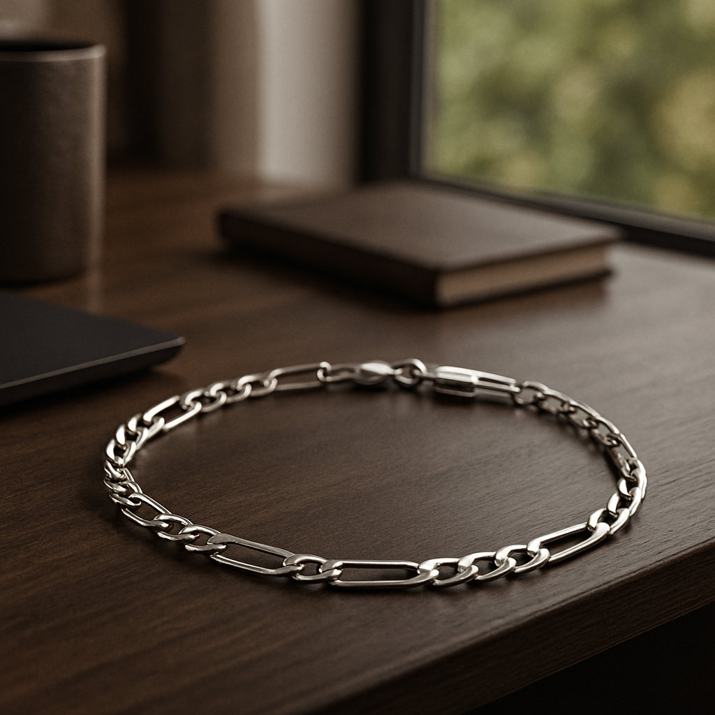 Gourmette homme bracelet argent sterilng sur bureau en bois