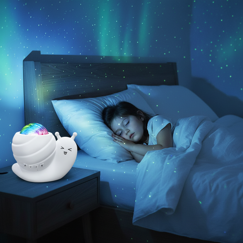 Enfant qui dort lampes aurores boréales bleue verte projetée au plafond veilleuse escargot ciel étoilé