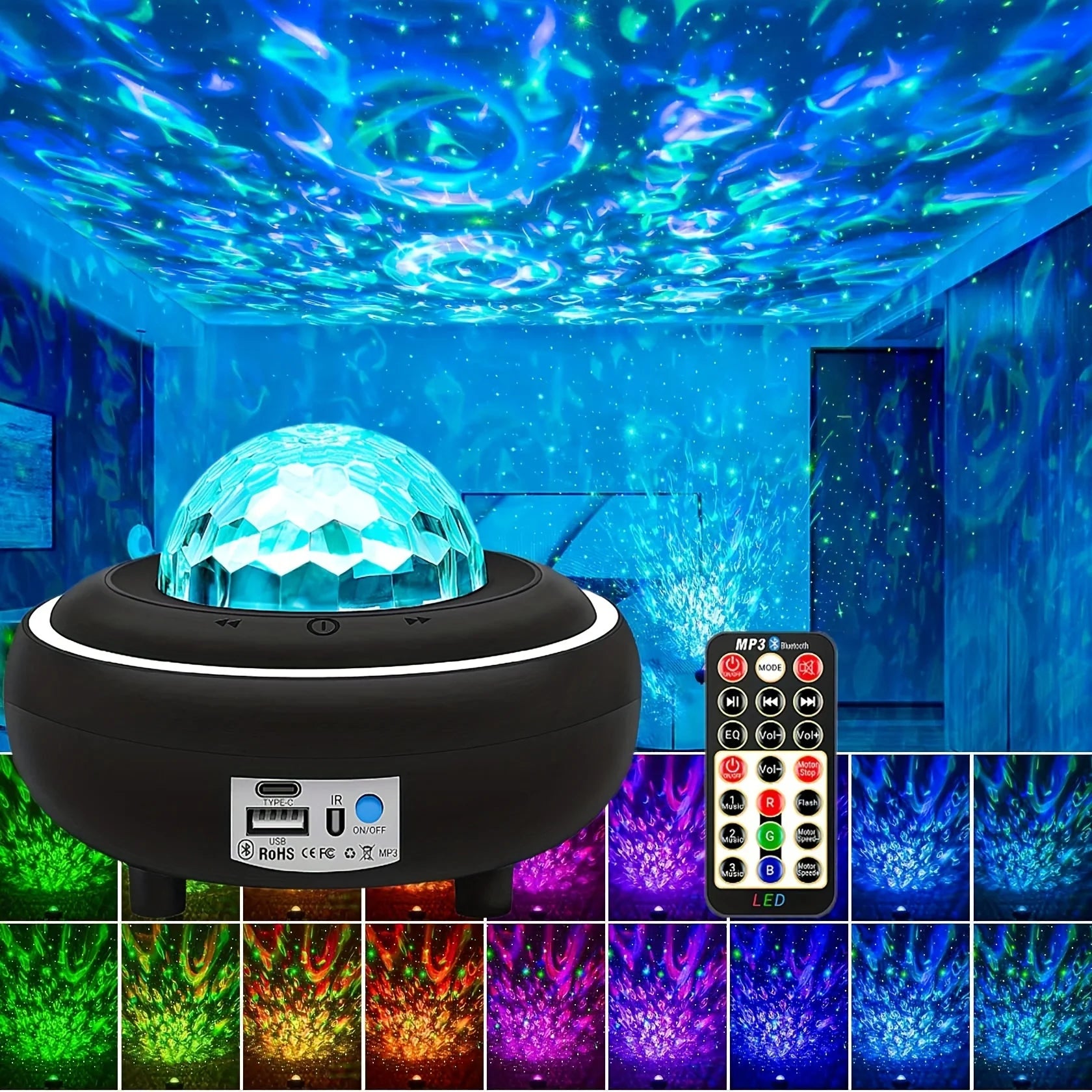 Lampe aurores boréales noire dôme cristal lumière multicolore projection chambre