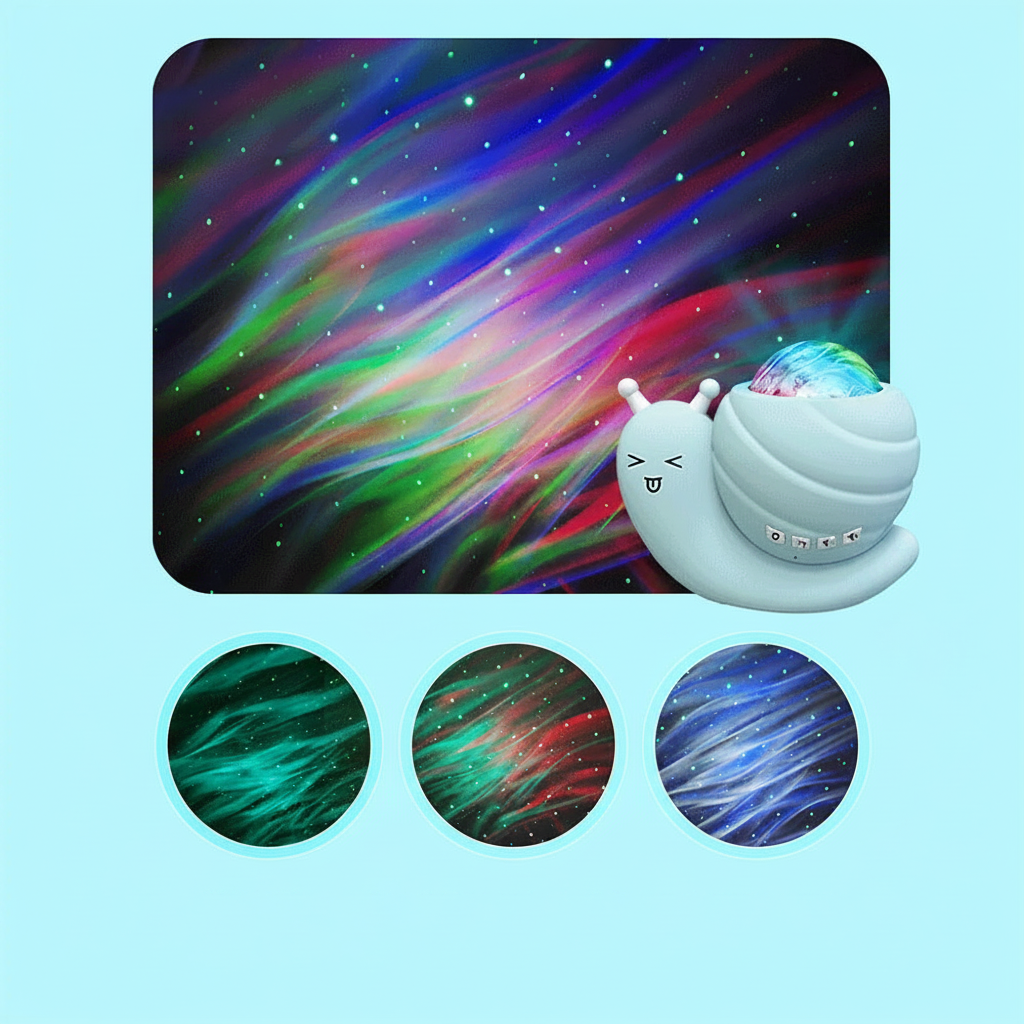 Lampe aurores boréales veilleuse escargot blanche dôme cristal multicolore allumée