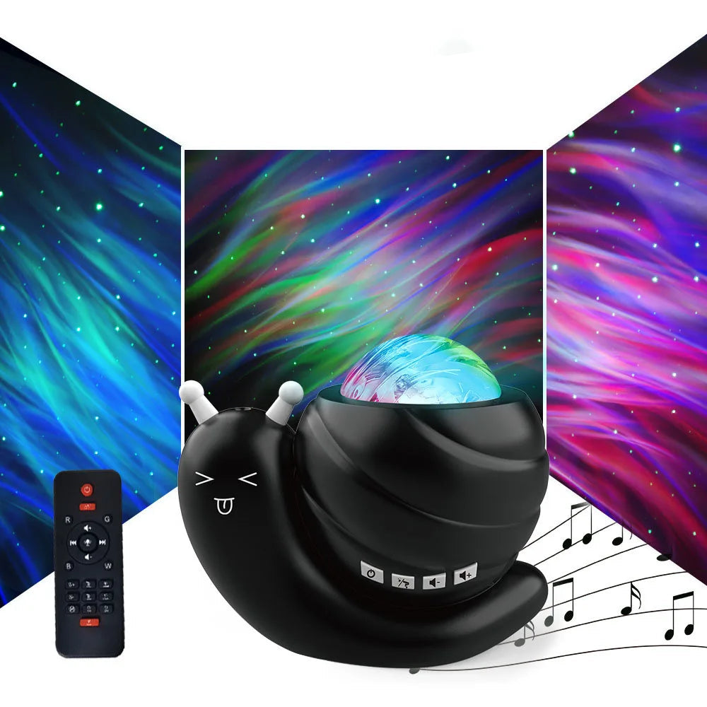 Lampe aurores boréales veilleuse escargot noire Bluetooth – projecteur étoiles multicolores enfant