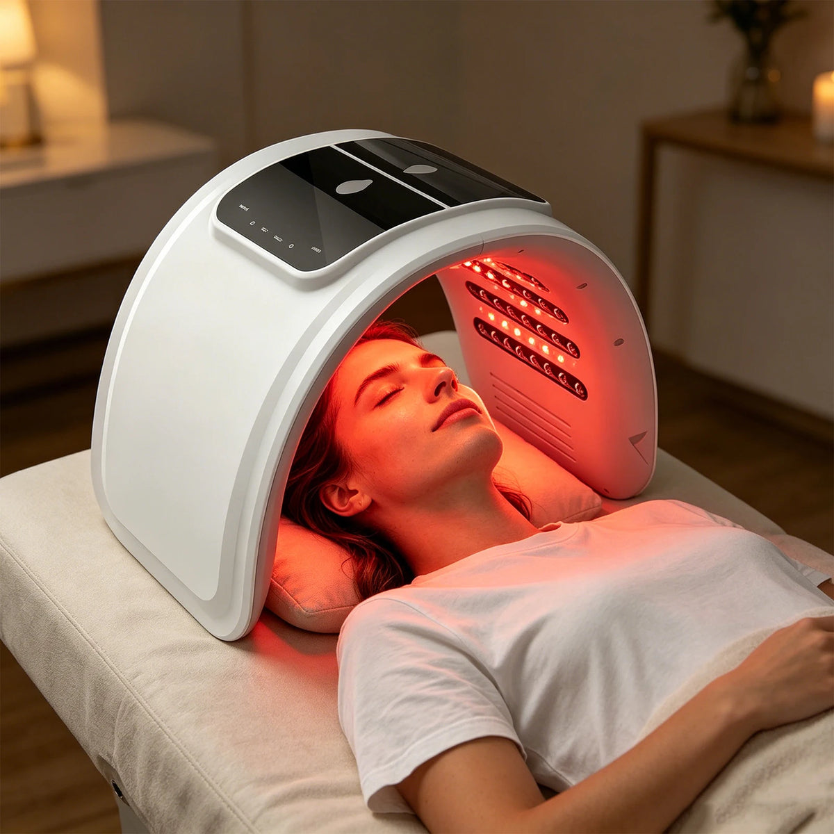 Lampe led pour visage à lumière rouge au-dessus d’une femme allongée dans une ambiance spa.