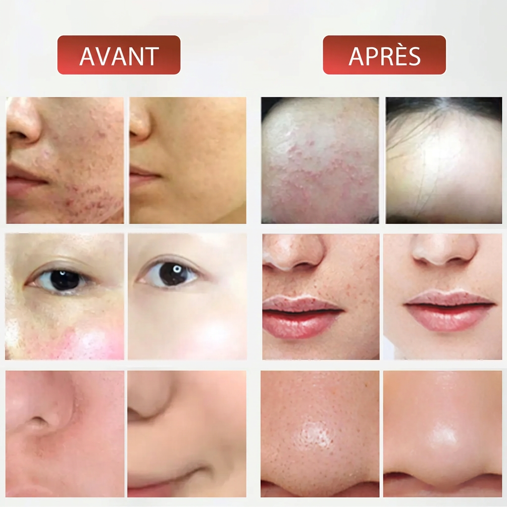 Montage « Avant » et « Après » présentant des gros plans de différentes zones du visage.