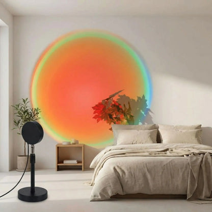 Lampe relaxante de chevet sunset  projetant cercle orange sur le mur au-dessus d'un lit