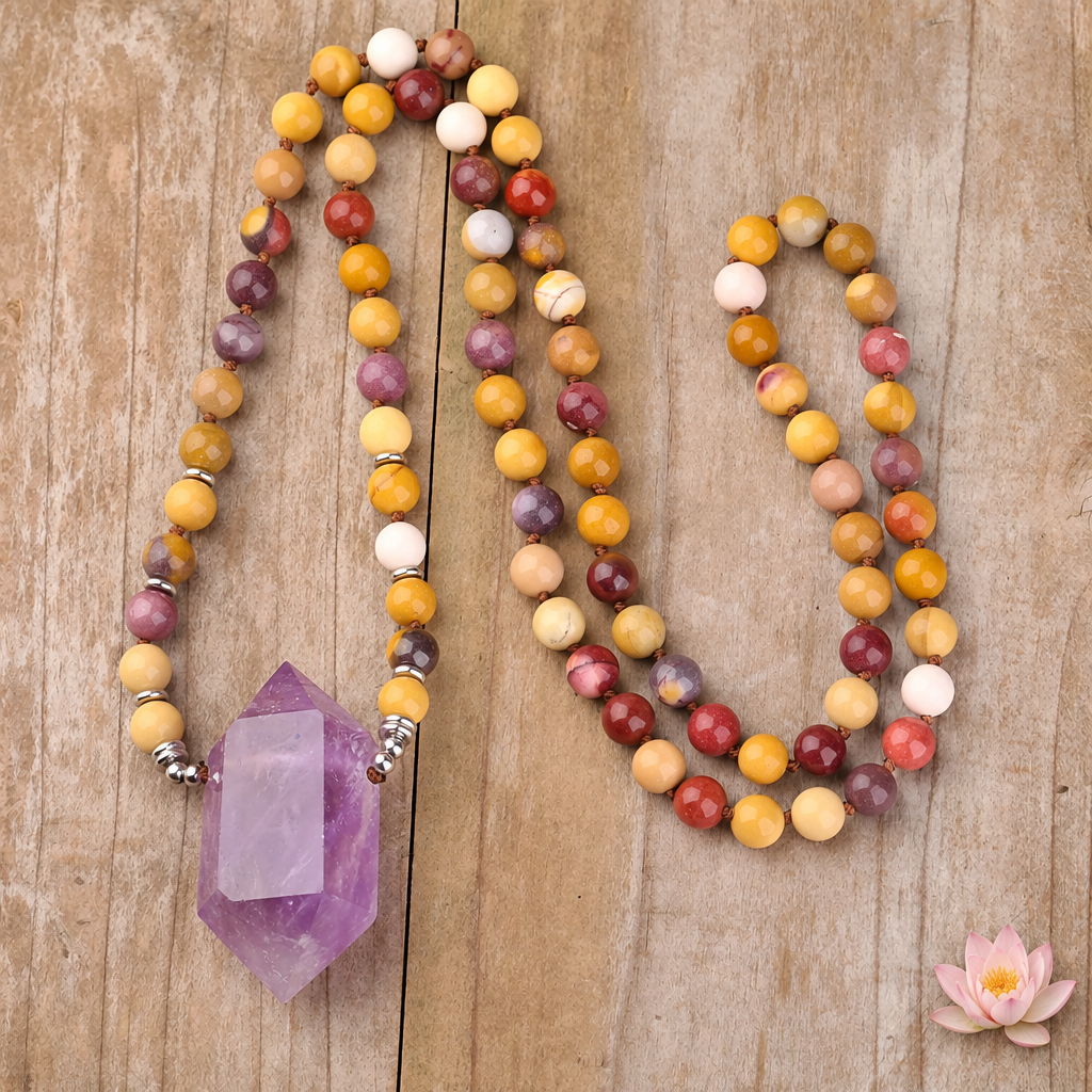 Lithothérapie collier de perles multicolores pendentif améthyste double pointe et lotus
