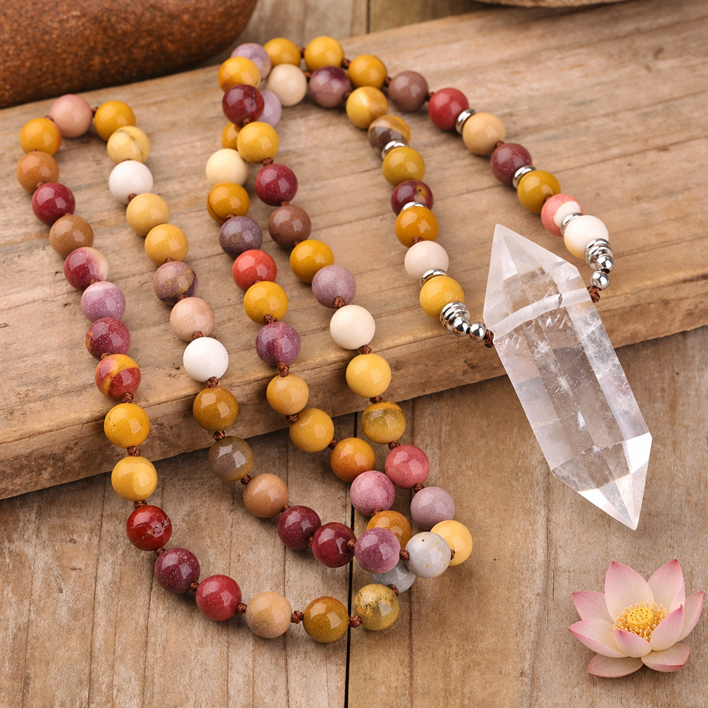 Collier perles multicolores lithothérapie cristal de roche avec petite fleur de lotus