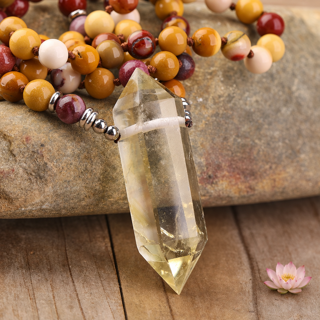 Lithothérapie collier gros plan du cristal citrine avec lotus
