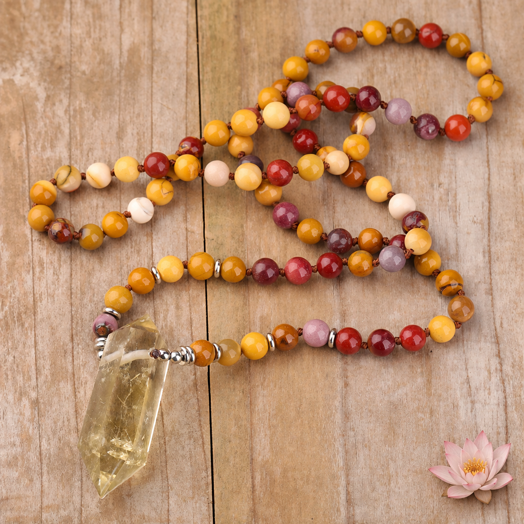 Lithothérapie collier étalé sur bois avec petite fleur de lotus perles naturelles cristal citrine
