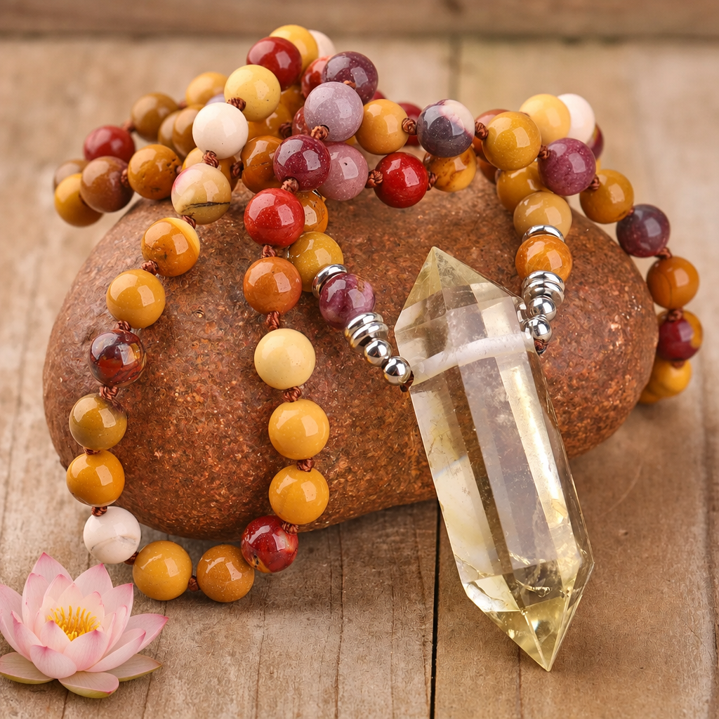 Collier lithothérapie perles pierres naturelles pendentif citrine sur pierre avec petite fleur de lotus