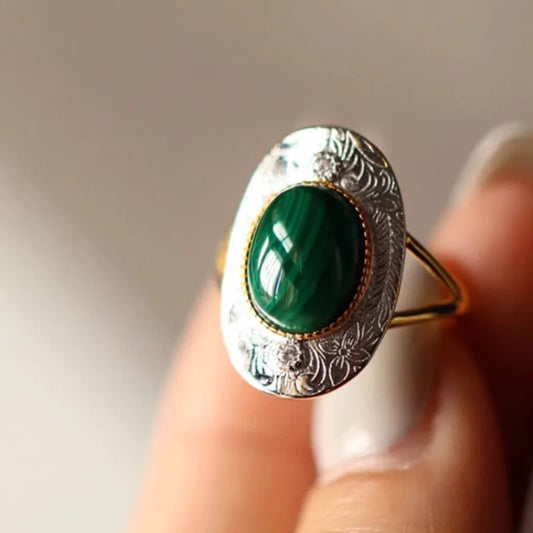 Bague femme vintage en malachite pierre naturelle verte