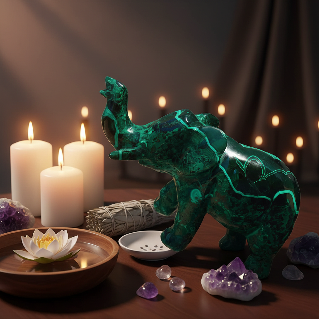 Éléphant malachite fond spirituel bougies cristaux – pierre protection et sérénité