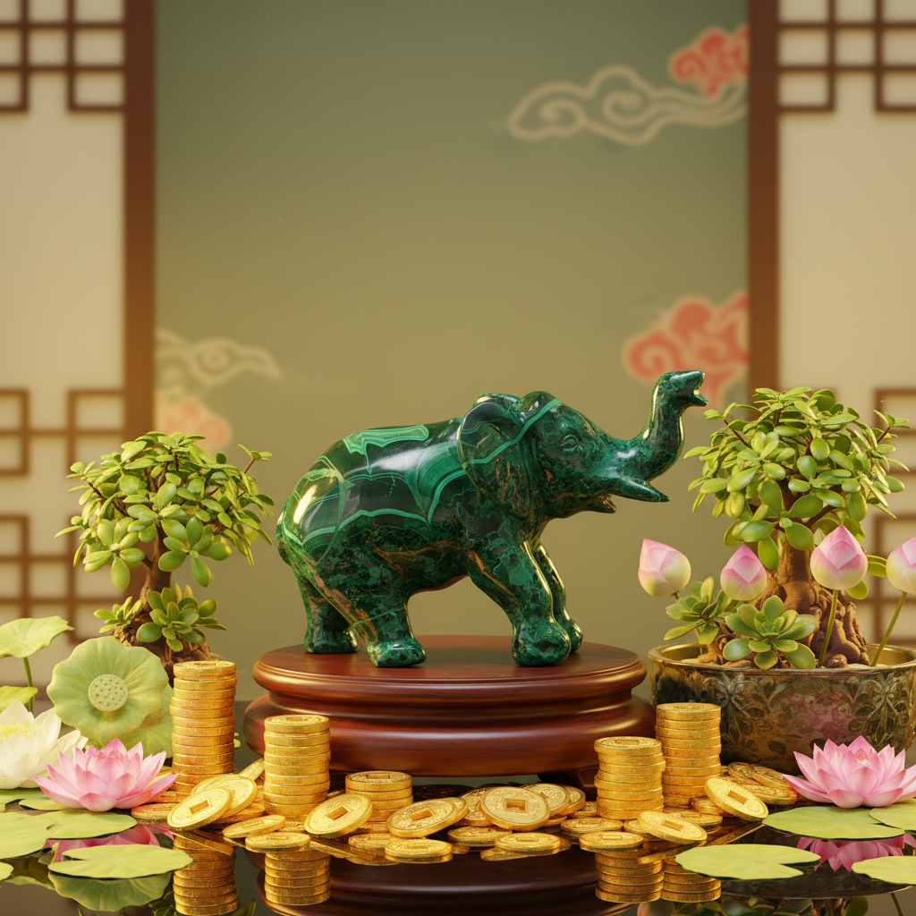 Éléphant malachite fond prospérité or feng shui – pierre naturelle abondance