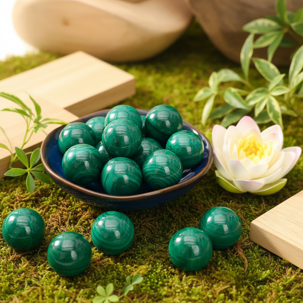 Sphères de malachite dans un bol en céramique bleue, fond zen naturel avec fleur de lotus