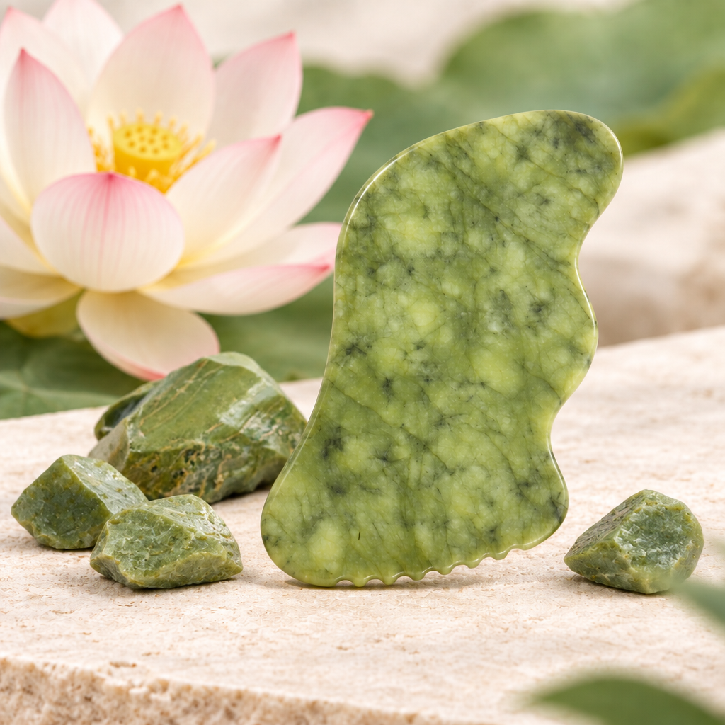 Pierre de Gua sha et pierres de jade sur fond zen fleur de lotus