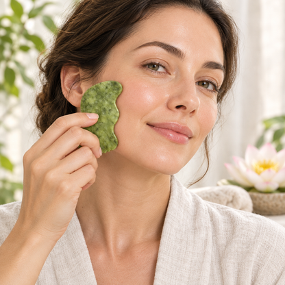  gua sha en jade verte utilisé par une femme dans une ambiance zen