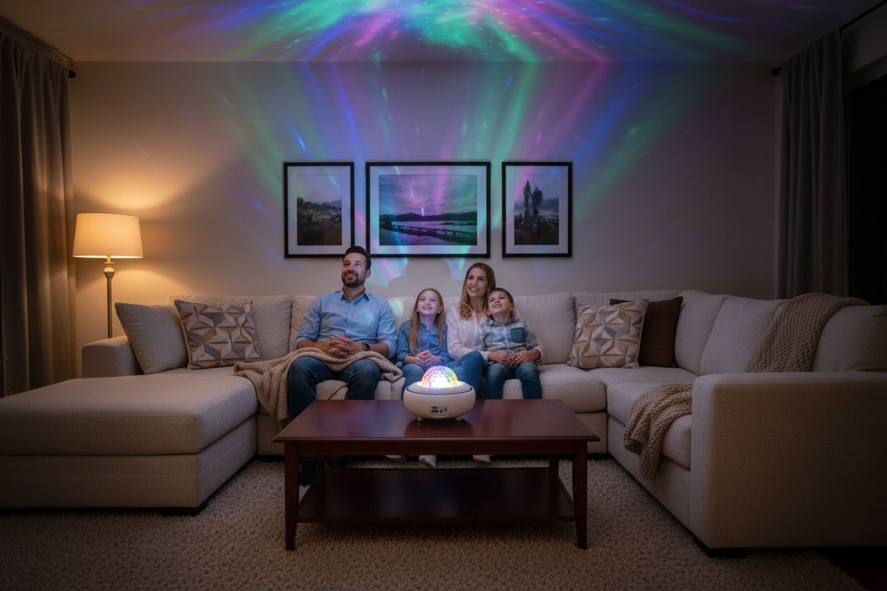 Lampe aurores boréales projecteur étoiles ambiance familiale salon cosy lumière colorée