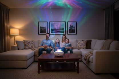Lampe aurores boréales projecteur étoiles ambiance familiale salon cosy lumière colorée