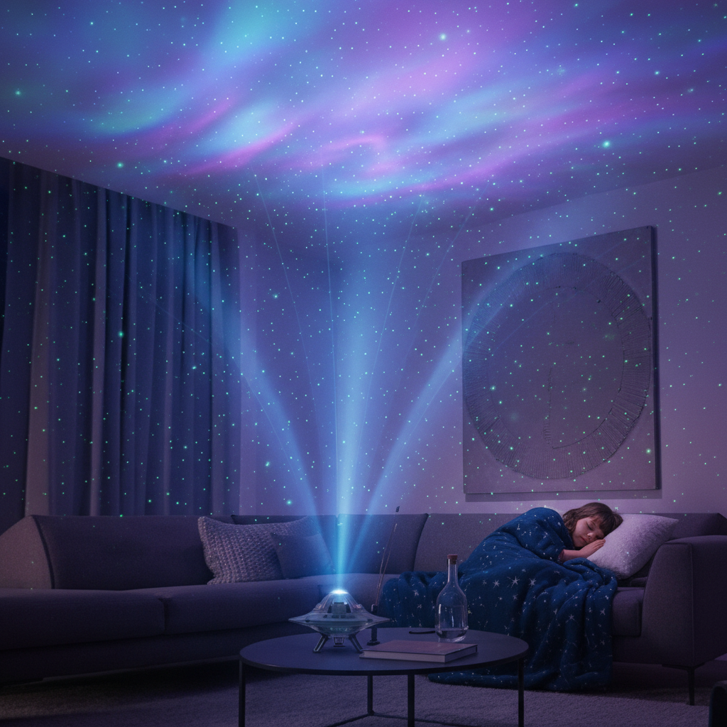 Projecteur aurores boréales enfant qui dort lumière galaxie bleue violette chambre