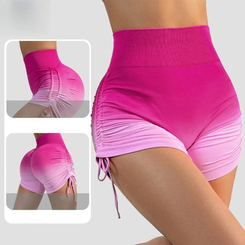 Short femme yoga rose dégradé – nœuds élégants effet gainant taille haute