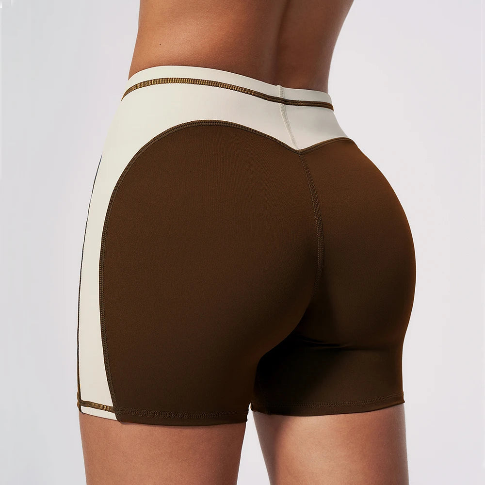 Short de yoga marron taille haute avec bandes blanches