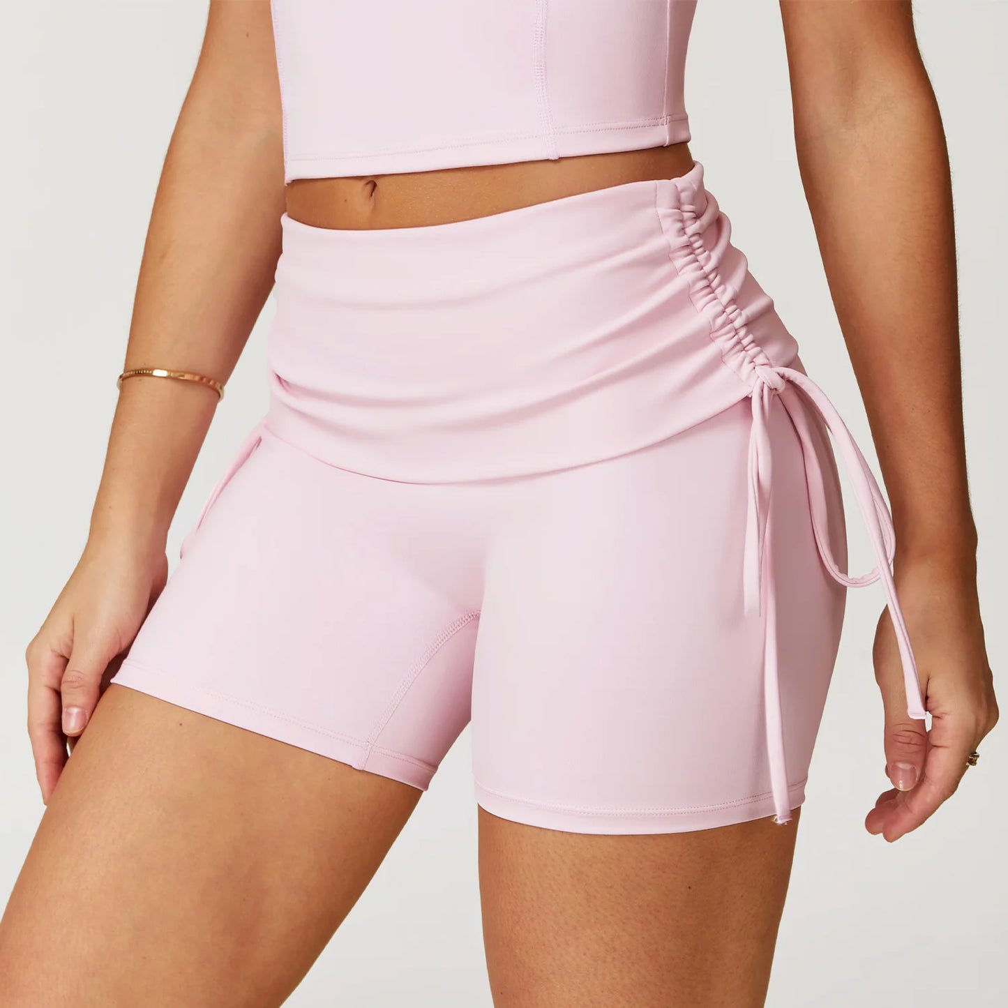 Short yoga femme taille haute nœuds  latéraux élégants - Rose