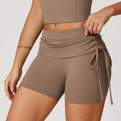 Short yoga femme taille haute nœuds latéraux élégants - Marron