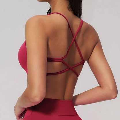 Soutien gorge à bretelles croisées yoga couleur cerise