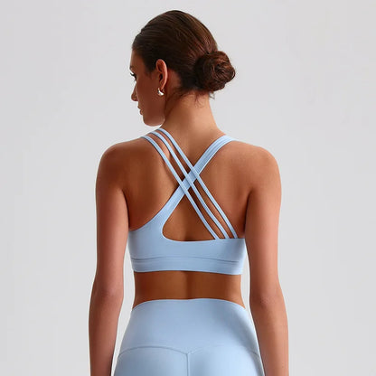 Soutien gorge avec bretelles croisées bleue - Maintien optimal pour sport et yoga