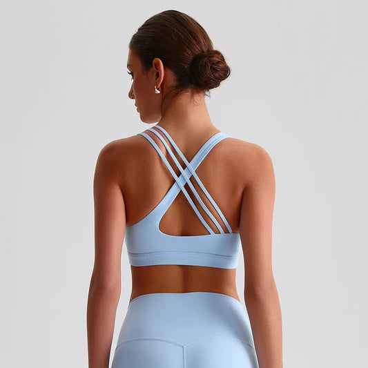 Soutien gorge avec bretelles croisées bleue - Maintien optimal pour sport et yoga