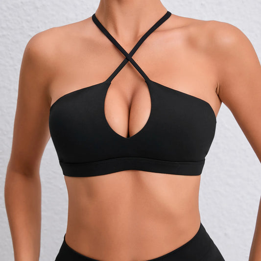 Soutien gorge bretelle croisée noir – vue de face | Top yoga femme