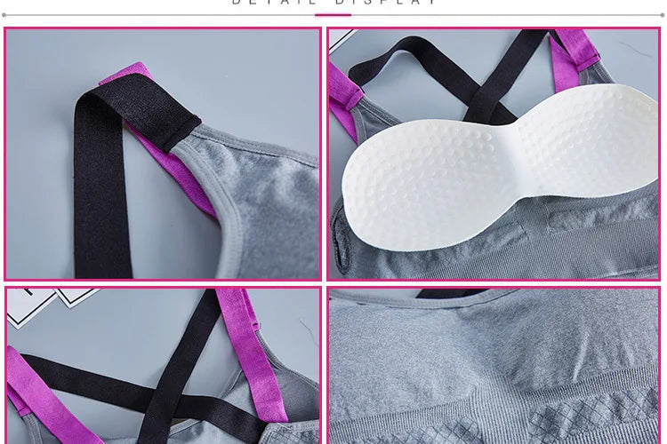 Soutien gorge bretelles croisées gris noir rose coussinets - Design confort sport

