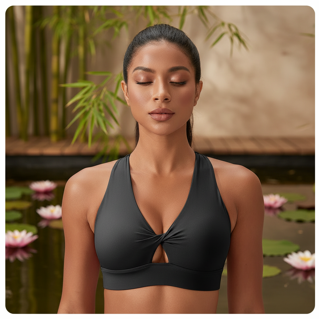 Soutien gorge bretelles croisées noir – vue face décolleté V – yoga zen