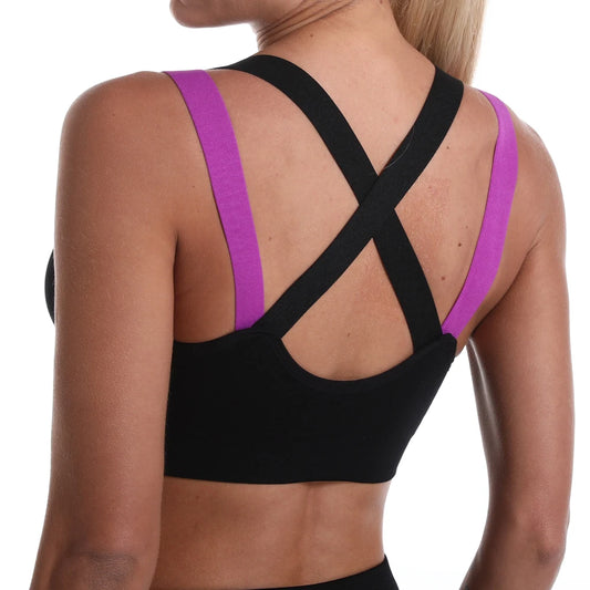 Soutien gorge bretelles croisées noir et violet - Vue dos sport femme
