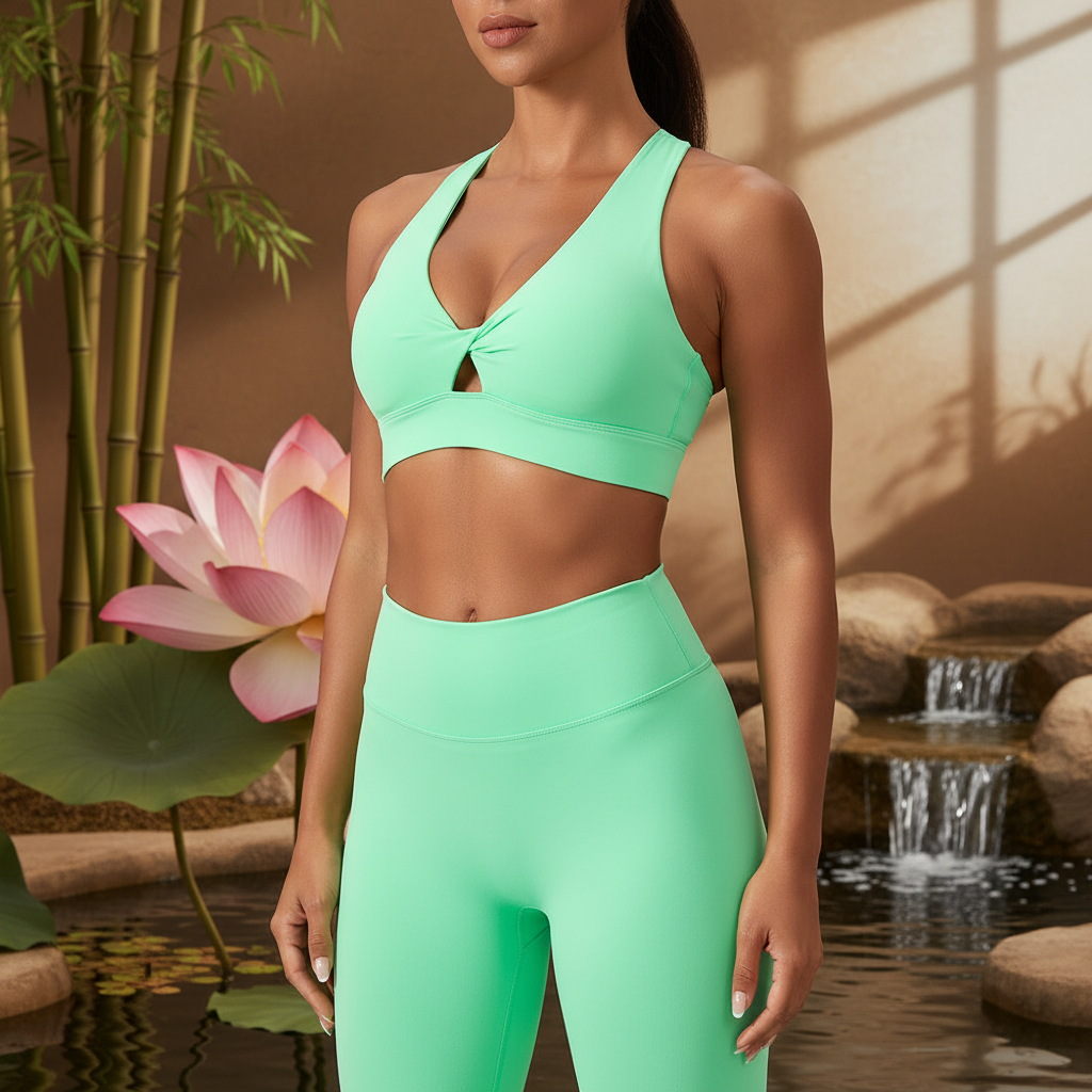 Soutien gorge bretelles croisées vert menthe – détail twist et découpe centrale – yoga zen