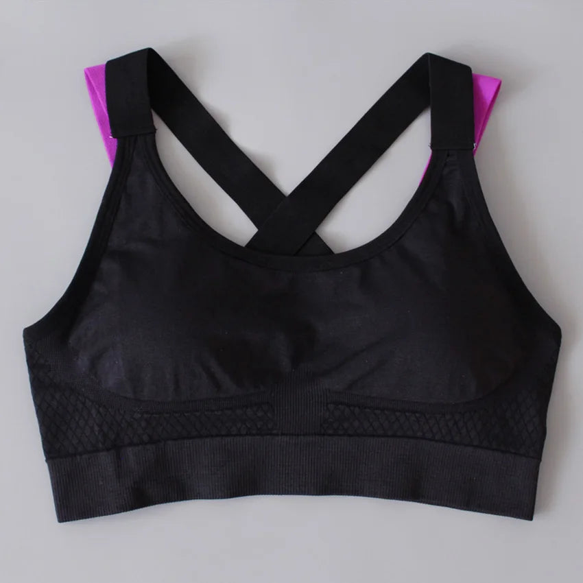 Soutien gorge bretelles croisées noir et violet - Vue face envers sport femme

