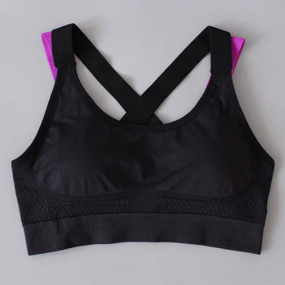 Soutien gorge bretelles croisées noir et violet - Vue face envers sport femme
