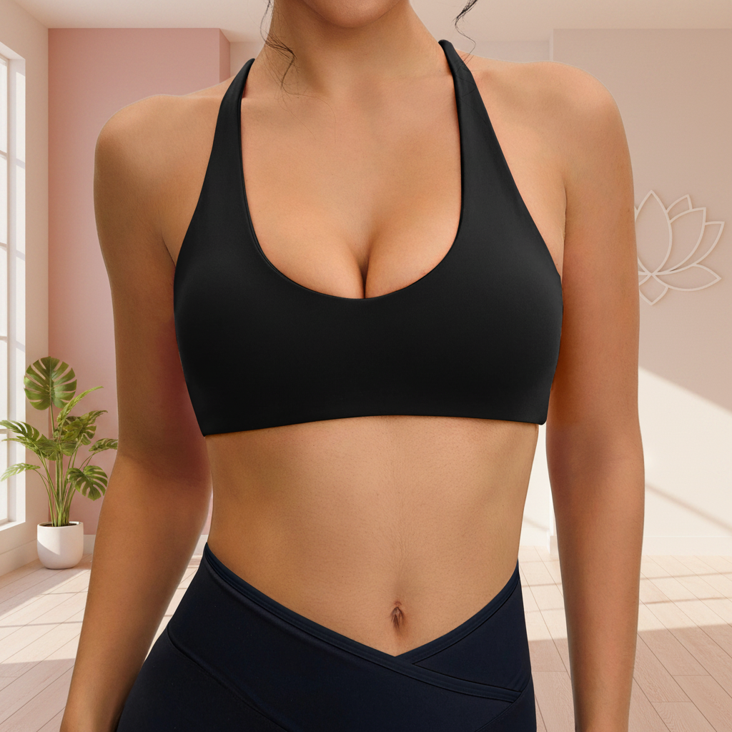 Soutien-gorge croisé dos noir – vue de face femme tenue yoga