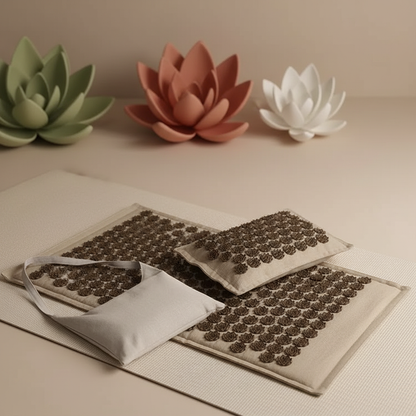 Tapis fleurs de lotus acupression picots marron doré – kit tapis coussin sac fond zen