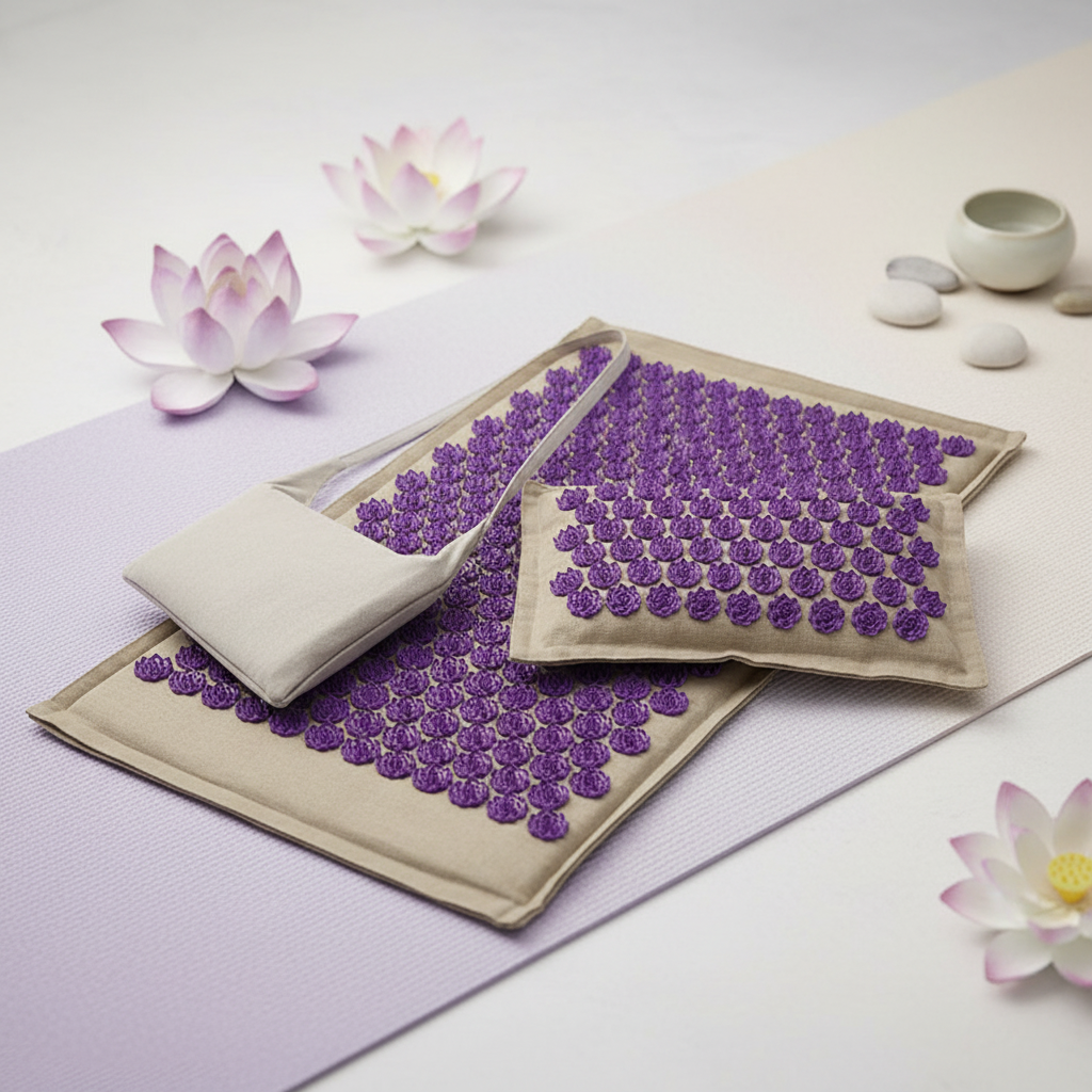 Tapis fleurs de lotus acupression picots violets – kit tapis coussin sac fond zen