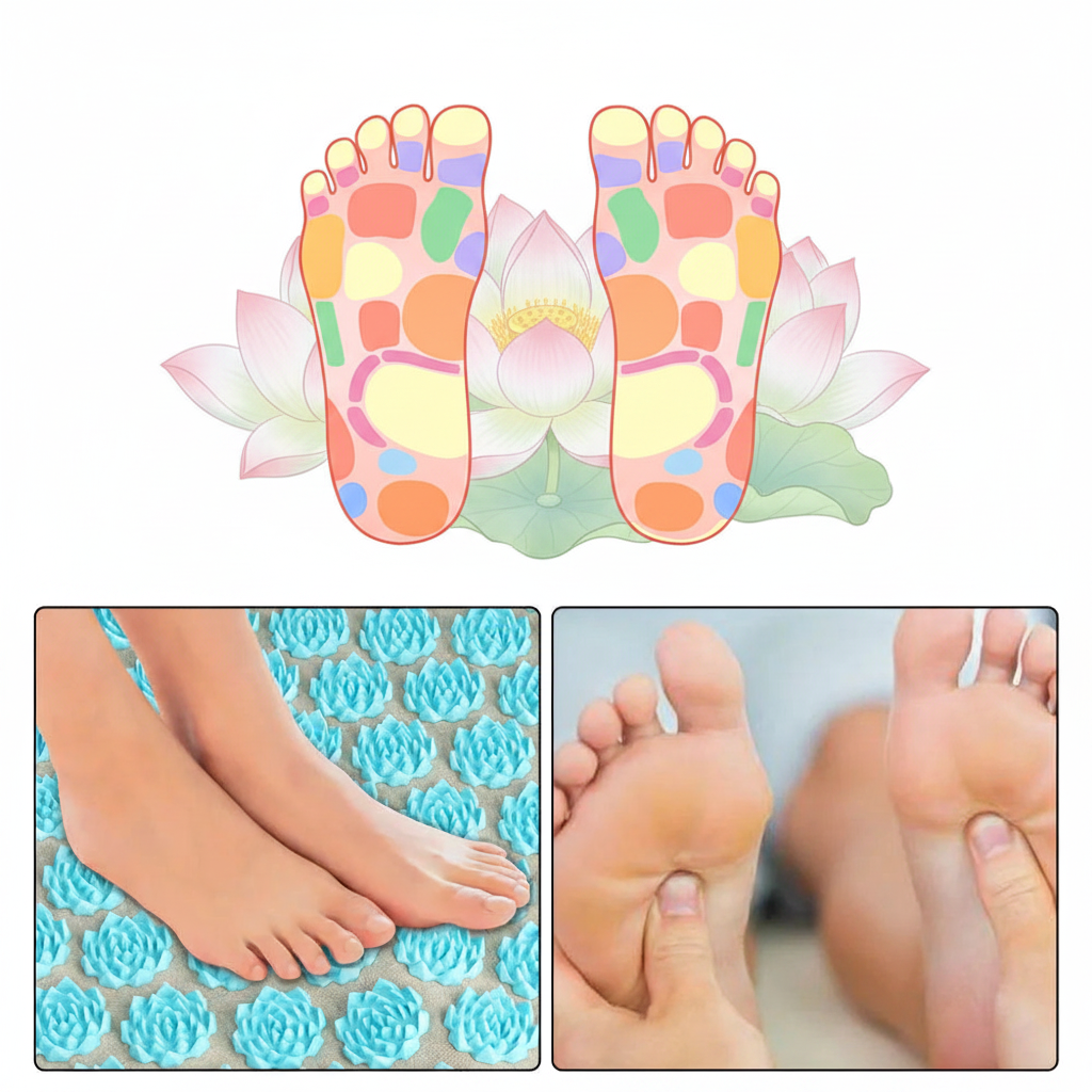Tapis fleurs de lotus acupression – carte réflexologie zones pieds pastels