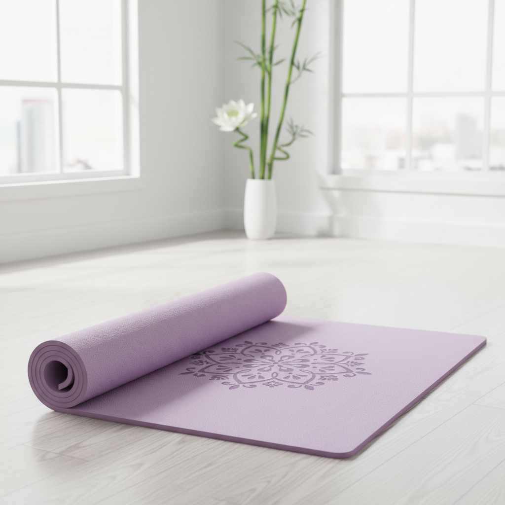 TAPIS YOGA EPAIS mauve roule - double couche TPE antiderapante visible en coupe