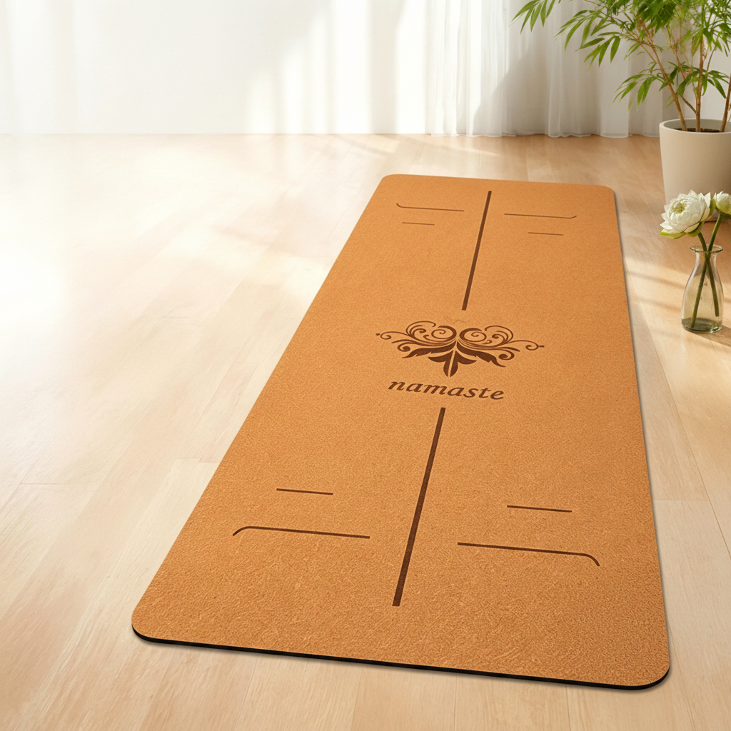 Yogamat liège antidérapant posé à plat sur parquet bois zen ensoleillé