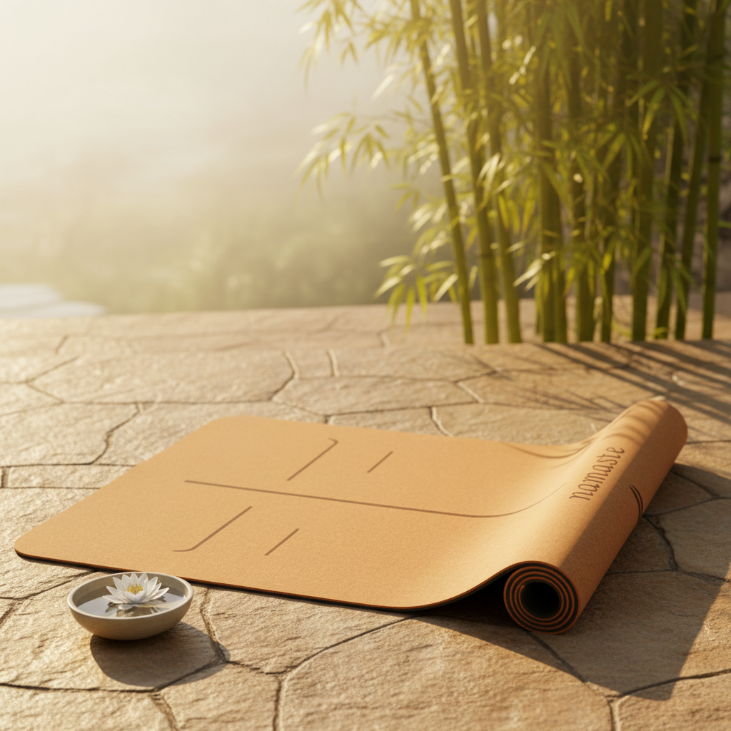 Tapis yoga liège naturel roulé sur terrasse ensoleillée avec fleur de lotus