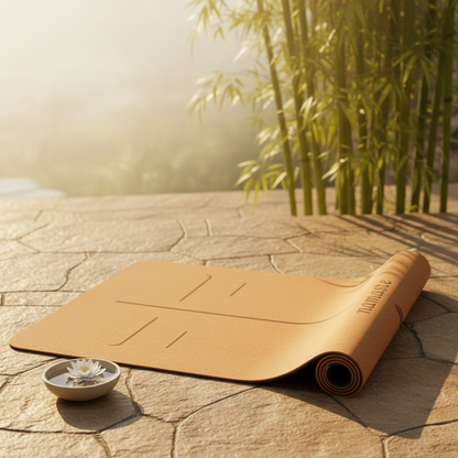 Tapis yoga liège naturel roulé sur terrasse ensoleillée avec fleur de lotus