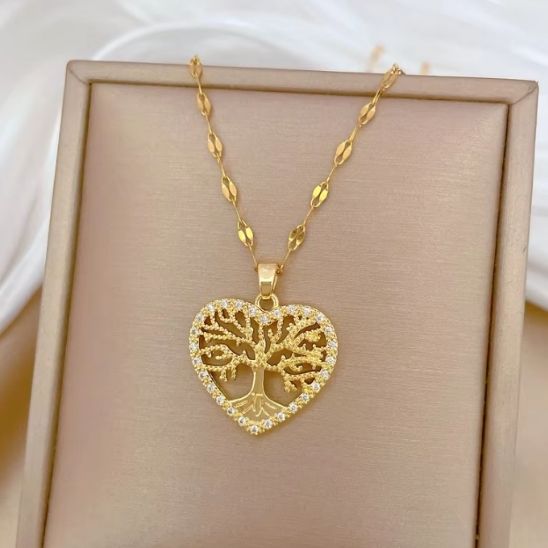 collier arbre de vie coeur zircons chaine acier inoxydable